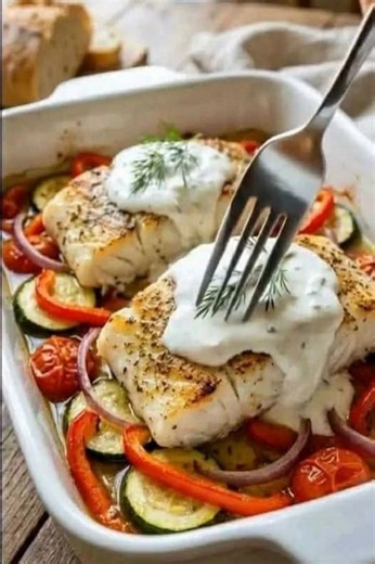 **Mediterranean Baked Cod with Veggies & Creamy Sauce ** I usually serve this with warm couscous, but would you go with rice or crusty bread for this one? Let me know your pick! This Healthy Gourmet Dinner is the ultimate high-protein weeknight win! Tender, flaky fish roasted on a bed of colorful veggies, all topped with a silky lemon-garlic cream sauce. It’s a One-Pan Masterpiece that's bright, light, and perfect for a luxury weeknight dinner. Ingredients : For the Cod & Vegetables 4 cod fillet