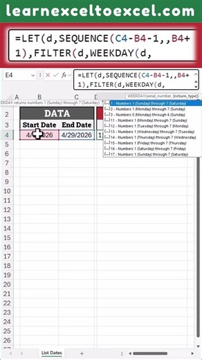 List Sundays only Dates between Two dates using Formula in #Excel #SEQUENCE #WEEKDAY #FILTER
