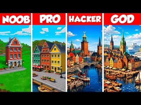 Scandinavian City Build Battle Challenge - Noob vs Pro vs Hacker vs God - Minecraft Animation