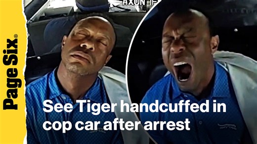 Handcuffed Tiger Woods looks irritated in cop car after rollover crash, DUI arrest