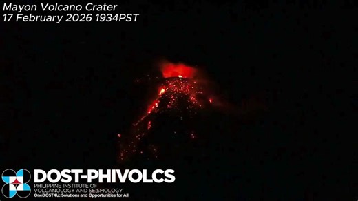 WATCH: Time-lapse footage of lava effusion and minor Strombolian activity at the Mayon Volcano summit crater recorded at 07:34 PM and at 08:35 PM this Tuesday, February 17, 2026. Effusive eruption at Mayon Volcano continues for the 43rd consecutive day, generating incandescent lava flows and collapse-fed pyroclastic density currents (PDC) or “uson” and rockfall. Alert Level 3 prevails over Mayon and entry into the 6-km Permanent Danger Zone must be prohibited. Courtesy: PHIVOLCS/Facebook