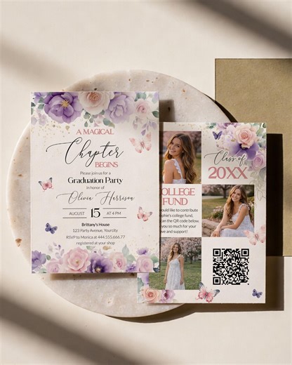 Floral Grad Invite Template, Purple Butterfly Graduation Party Card, Romantic Senior Photo Announcement Keepsake 023EN-GRINV - Etsy
