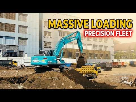 12 Trucks vs 1 Kobelco! SK200 High Speed Top Loading & Sany SY75C Demolition