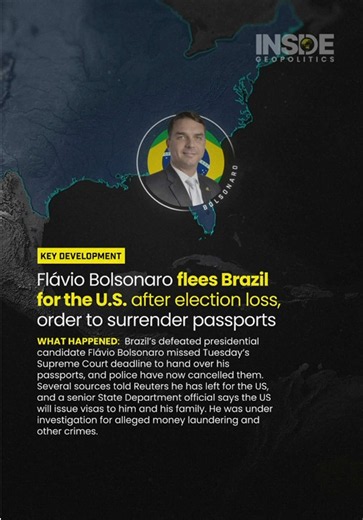 Oct 27, 2026 | Read more on InsideGeopolitics.com | What happened: Brazil’s defeated presidential candidate Flávio Bolsonaro missed Tuesday’s Supreme Court deadline to hand over his passports, and police have now cancelled them. Several sources told Reuters he has left for the US, and a senior State Department official says the US will issue visas to him and his family. He was under investigation for alleged money laundering and other crimes.