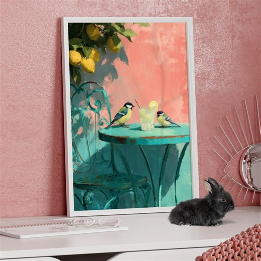 Birds With Lemonade on Vintage Teal Café Table Wall Art, Poster or Canvas Print, Sunlit Mediterranean Courtyard, Joyful Summer Oil Painting - Etsy UK