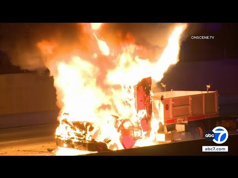 Caltrans truck bursts into flames on 110 Freeway in Carson