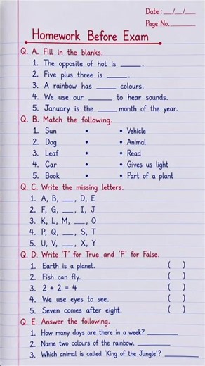 Homework Before Exam | Last Minute Revision Worksheet | Study Practice