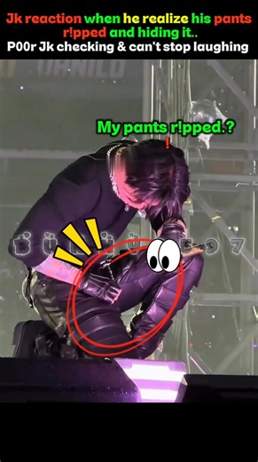 Jk realize his pants r!pped and try to hiding it..
