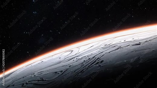 Glowing orange sunrise over icy textured alien planet horizon with distant starfield and rim