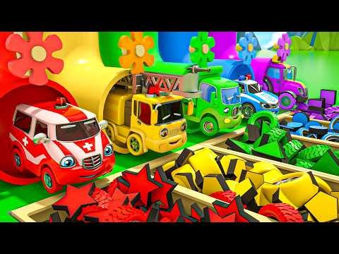 Wheels On the Bus song - Wheels and shapes - cars roll out of colorful tubes - Nursery Rhymes Songs