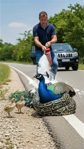 Brave Man Saves Peacock and Her Chicks from Giant Python on Busy Road #animalrescue