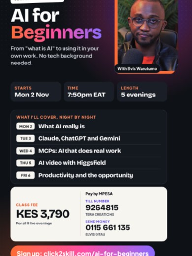 I don’t like writing code, so here’s what I do instead. I plan my projects in Claude, then build them in Lovable. I explain what I want to Claude, it writes proper prompts, and I paste them into Lovable. You don’t need to know much programming. I built Click2Skill this way, and I’ve built online stores for clients the same way. If you want to learn how to use AI tools properly, join my AI for Beginners class. Starts Monday 2 November, 5 live evenings, 7:50pm to 9:20pm EAT. Early bird is KES 2,50
