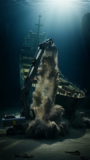 Excavator unearths sunken cargo ship underwater footage. #engineering #deepsea #engineeringmarvel