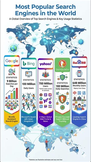 Most Popular Search Engines and Their Daily Visitors | Google, Bing, Yahoo, DuckDuckGo, Baidu