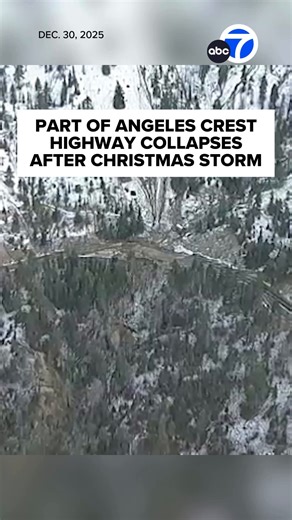 🌧️ STORM DAMAGE: Aerial video from AIR7 showed the dramatic buckling on snow-covered State Route 2 between Cedar Springs and Highway 138, following a landslide. A section of the Angeles Crest Highway collapsed near the Mt. Waterman ski lifts after a holiday storm, and a roadway closure spanning more than 3 miles remained in effect Tuesday. https://abc7.la/3MRItLI | ABC7