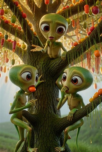 English): An alien was traveling inside a fast-moving train. Suddenly, it jumped off and fell onto the ground, losing consciousness. After a short time, light rain began to fall. Something magical then happened—a small plant started growing from the alien’s stomach and quickly grew into a large tree. Soon, the tree became full of many different kinds of foods, fruits, and colorful items. Just then, three to four UFOs flew down from the sky and gently landed near the tree. Two aliens came out of 