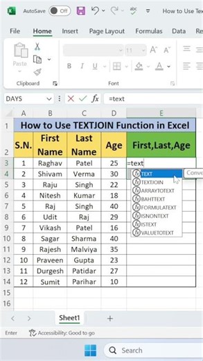 How to Use TEXTJOIN Function in MS Excel | Advance Excel | Exceltips Exceltricks | #excel #shorts
