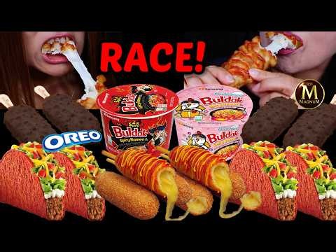 ASMR RACE! Cheesy corn dogs, 10x SPICY Buldak Ramen Noodles, Magnum Oreo ice cream bars