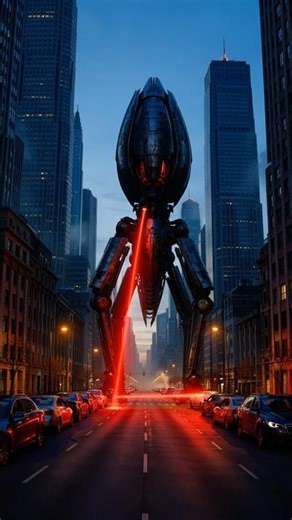 Alien Tripod War Machine Walks Through City Street | Cinematic Sci-Fi Encounter