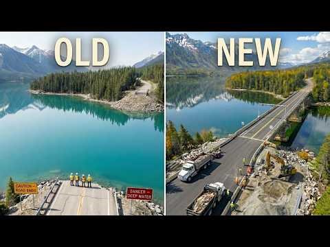 Challenging bridge construction over a deep mountain lake. The entire construction process