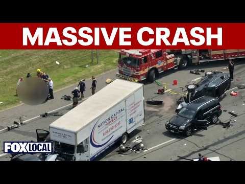Out-of-control moving truck crashes into 10 cars on Columbia Pike, Cybertruck split in half