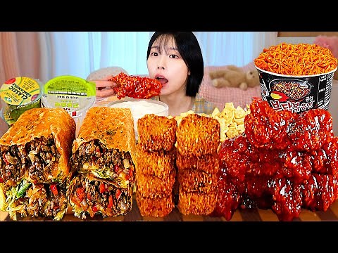 ASMR MUKBANG| 직접 만든 튀긴 부리또 치미창가 양념치킨 불닭볶음면 먹방 & 레시피 GRILLED CHEESE BURRITO AND FRIED CHICKENEATING