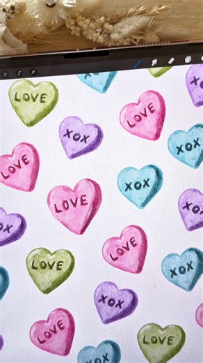 Brush with Bree | Procreate Brushes & Digital Art on Instagram: "Learn how to draw an easy candy hearts for valentines on procreate with the quick and easy beginner digital art procreate tutorial 💜💛💚🩷🩵 Watch me draw easy valentines candy hearts using our realistic watercolour brushes set for procreate which are perfect for digital artists, procreate beginners, and those looking for professional, realistic brushes, natural watercolor texture, and easy digital drawing for your ipad. What im u