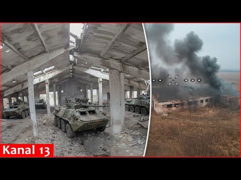 Ukrainian kamikaze drones pound Russian armored personnel carriers in hangar
