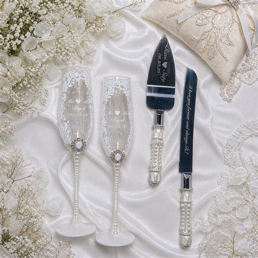 Bride Groom Vow Set With Cake Server Set and Custom Glass Flutes for Bridal Toast - Etsy