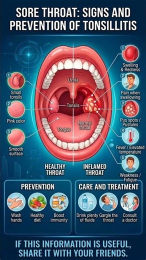 SORE THROAT: SIGNS AND PREVENTION OF TONSILLITIS​#SoreThroat #Tonsillitis #HealthTips #MedicalInfogr
