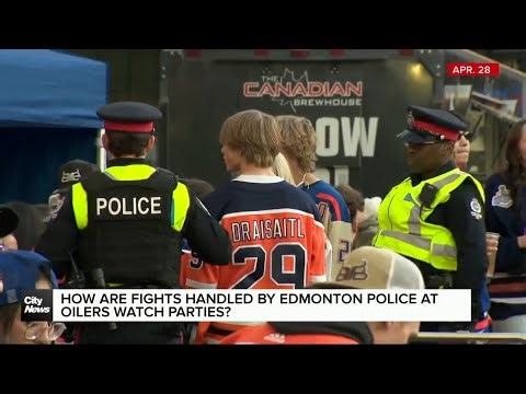 How are fights handled by Edmonton Police at Oilers watch parties?