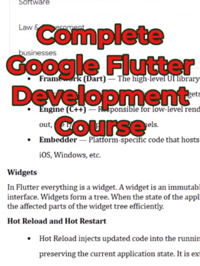 Master Google Flutter and Dart: The Complete Beginner to Professional Course This comprehensive, project-driven course takes you from absolute beginner to professional Flutter developer. You will learn Dart from the ground up, master the Flutter framework, design responsive and adaptive user interfaces, manage state professionally, integrate APIs and databases, implement authentication and security, optimize performance, write tests, apply clean architecture, and deploy production-ready applicat