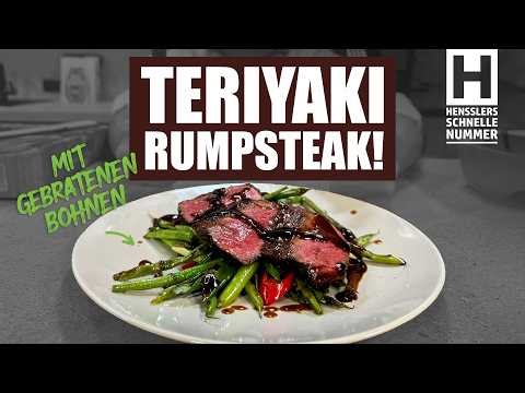 Glasiertes Teriyaki Rumpsteak mit gebratenen Bohnen