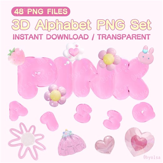 Baby Pink 3D Bubble Alphabet PNG Pack | Kawaii Letter Clipart | 48 PNG | Transparent | Digital Download - Etsy