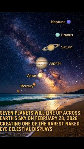 😯👉On February 28, 2026, people around the world will get the chance to see an unusual sky event often called a planetary parade. On this night, seven planets — Mercury, Venus, Mars, Jupiter, Saturn, Uranus, and Neptune — will appear lined up along the ecliptic, the path the Sun and planets follow across our sky. They won’t form a perfect straight line, but instead a gentle curve that shows how the solar system is arranged. What makes this event special is that much of it can be seen without sp