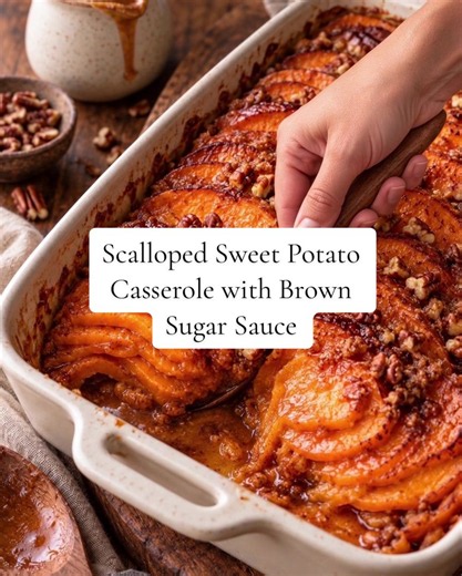 SCALLOPED SWEET POTATO CASSEROLE WITH BROWN SUGAR SAUCE Thinly sliced sweet potatoes bake in a buttery brown sugar sauce until tender, with golden edges and a cozy touch of cinnamon. Ingredients For the sweet potatoes: * 3 pounds sweet potatoes, peeled * 1 tablespoon softened butter, for the baking dish For the brown sugar sauce: * ½ cup unsalted butter * ¾ cup packed light brown sugar * ¾ cup heavy cream * ¼ cup water * 1½ teaspoons ground cinnamon * ¼ teaspoon ground nutmeg * ½ teaspoon salt *
