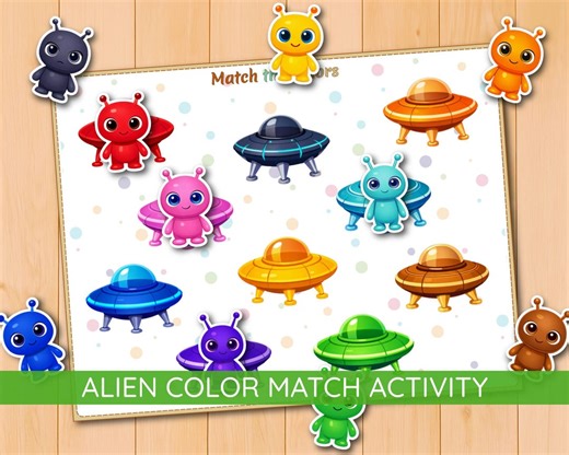 Alien and Space Color Matching Activity, Preschool Worksheet, Visual Skills Game, Spaceship Colors Match - Etsy