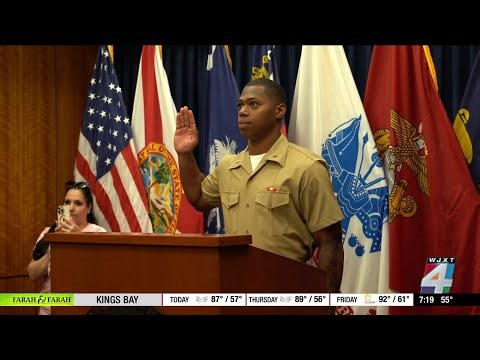 Jacksonville Jaguars safety, Marine Officer Rayuan Lane III swears in recruits before NFL season