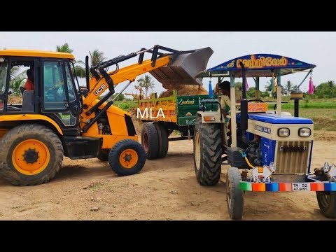 JCP and Tractor Videos | JCB stunt with Swaraj 744 FE stuck fully loaded trolley pulling