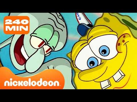 Bob Esponja | Os MELHORES momentos de Bob Esponja e Lula Molusco 🧽🦑 | 4 Horas | Nickelodeon
