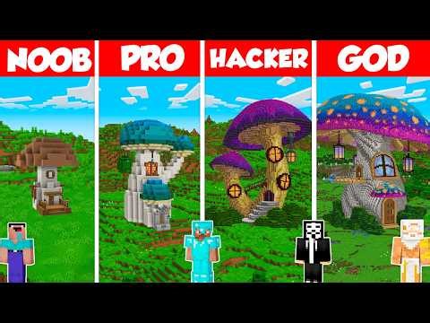 Mushroom House Build Battle Challenge - Noob vs Pro vs Hacker vs God - Minecraft Animation