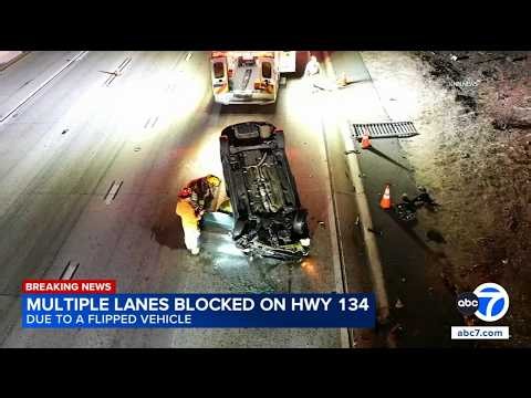 Car plunges from bridge onto 134 Freeway in Glendale, prompting multiple lane closures