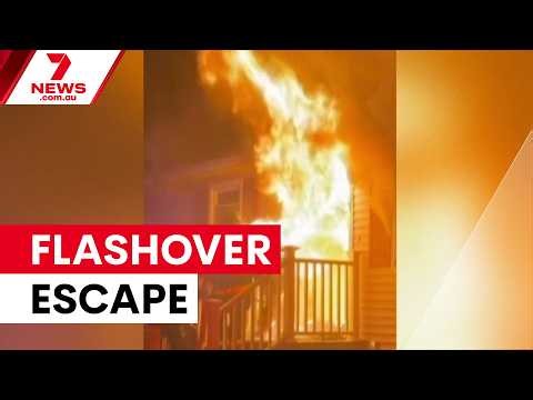 Firefighter survives dramatic flashover explosion | 7NEWS