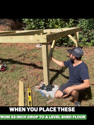 Product links are listed on our Facebook Page (Everyday Home Repairs) . A 32-inch elevation drop across the site sounds intimidating, but with the right sequence and Tuffblock footers, you can build a level shed floor on almost any grade. In this video, we walk through the full floor framing process for a 10x16 shed from finding the highest corner to squaring the final joist layout. Start at the highest corner, clear the dirt, tamp the ground, add gravel for drainage and settling prevention, the