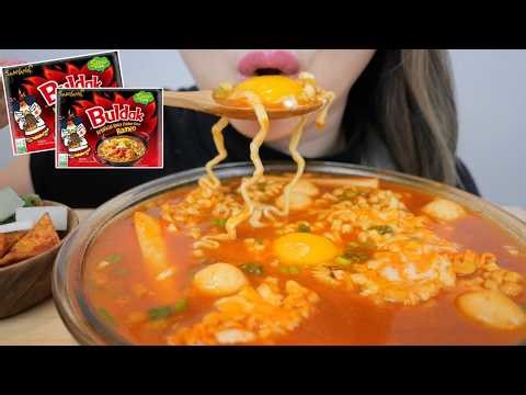 SPICY Samyang STEW Noodles with Imitation Crab, Fish Balls and EGG Yolk *ASMR No Talking Food Sound