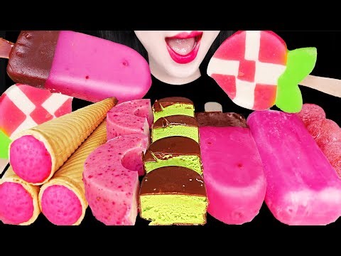 ASMR PINK CHOCOLATE ICE DESSERT 핑크 초콜릿 아이스 디저트 먹방 Mukbang, Eating