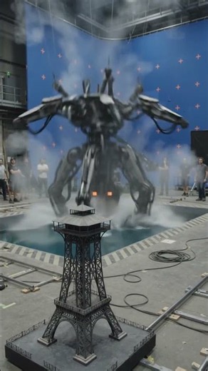 What if an alien invasion hit a tiny Eiffel-style tower model inside a massive movie studio? 👽💥