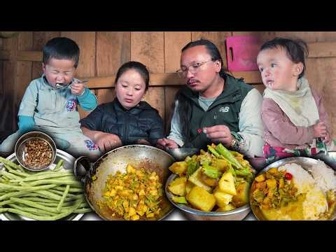 Long Beans (BODI) & Potato fry Recipe || Cooking & eating in Village Kitchen || Village food vlog