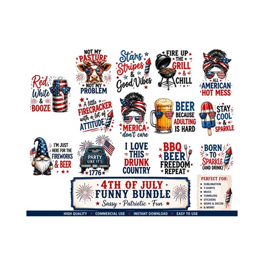 Funny 4th of July Clipart Bundle PNG | Sassy Patriotic Sublimation Designs | 14 Independence Day Graphics | Red White and Booze | Merica PNG - Etsy