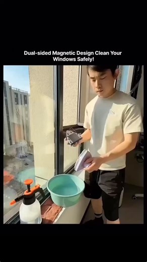 Knowledge Hub on Instagram: "This post captures a person using a magnetic window cleaner to safely clean both the inside and outside of a high-rise window simultaneously. This type of tool makes it possible to clean the exterior of windows without needing to lean outside. Type: Double-sided magnetic glass cleaner. Functionality: Uses strong magnets to link the two halves through the glass, allowing the outside cleaner to mimic the movement of the inside one. Safety: Designed for high-rise window